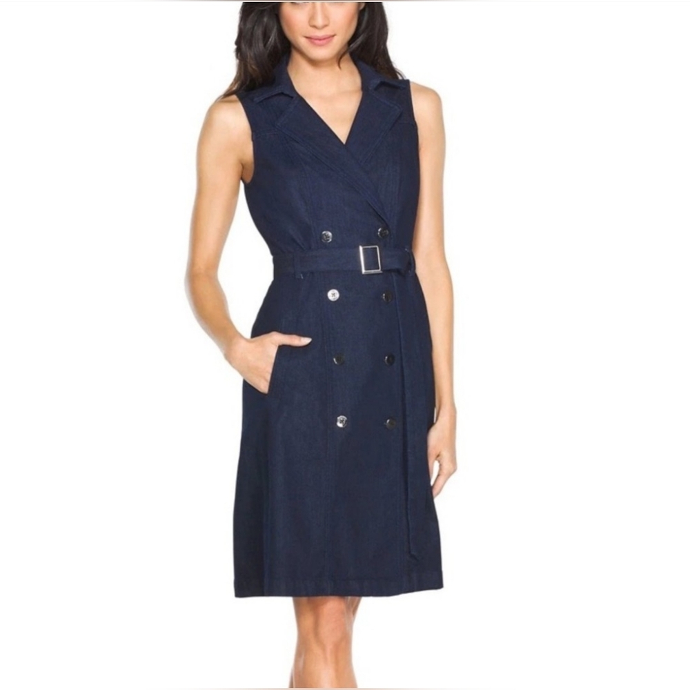 White House Black Market Sleeveless Denim Double-Breasted Trench Dress Size 10